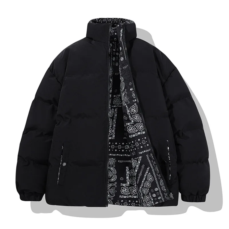 Mens Reversible Puffer Jacket Bandana Paisley Printed Puffy Jacket Plus Size Bubble Coat Utility Padded Jacket Coat for Man