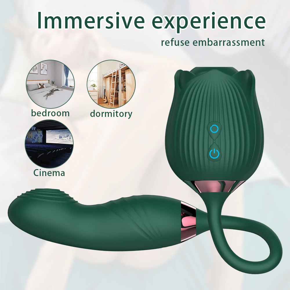 Waterproof Adult Silicone Rose Shaped 2 In 1 Clit Sucker Rose Sex Toys Clitoral Sucking Vibrating Dildo Rose Vibrator For Woman