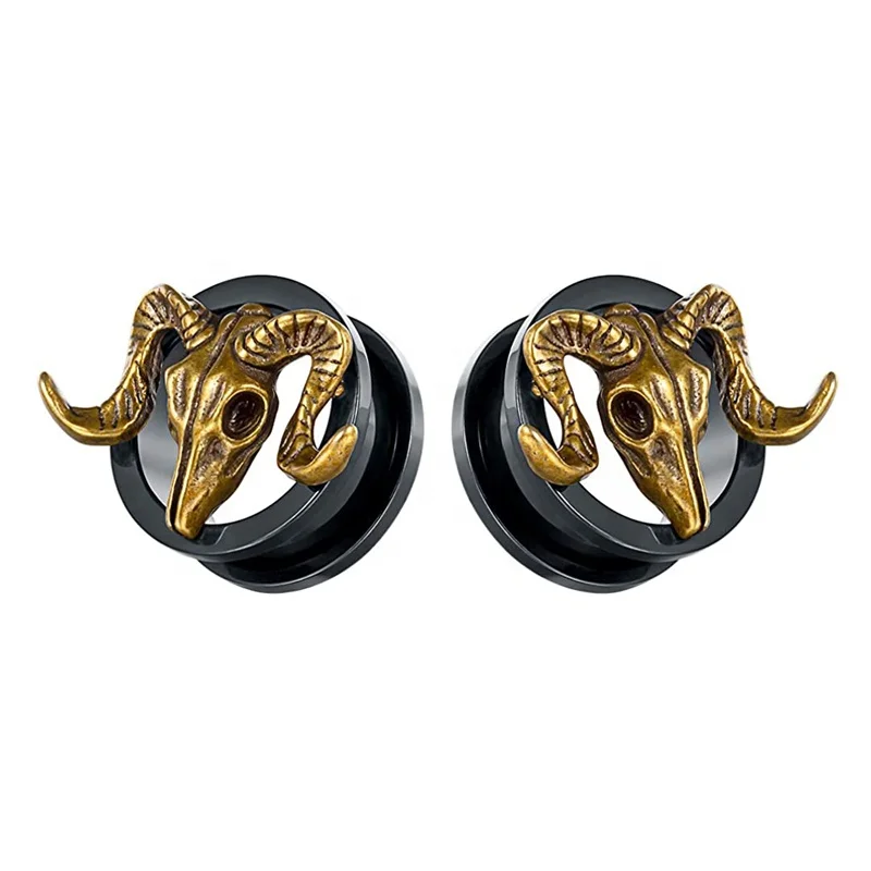 Stainless Steel Retro Ram Goat Skull Ear Plugs Tunnel Stretching Screw Fit Tunnels Piercing Expander Gauges