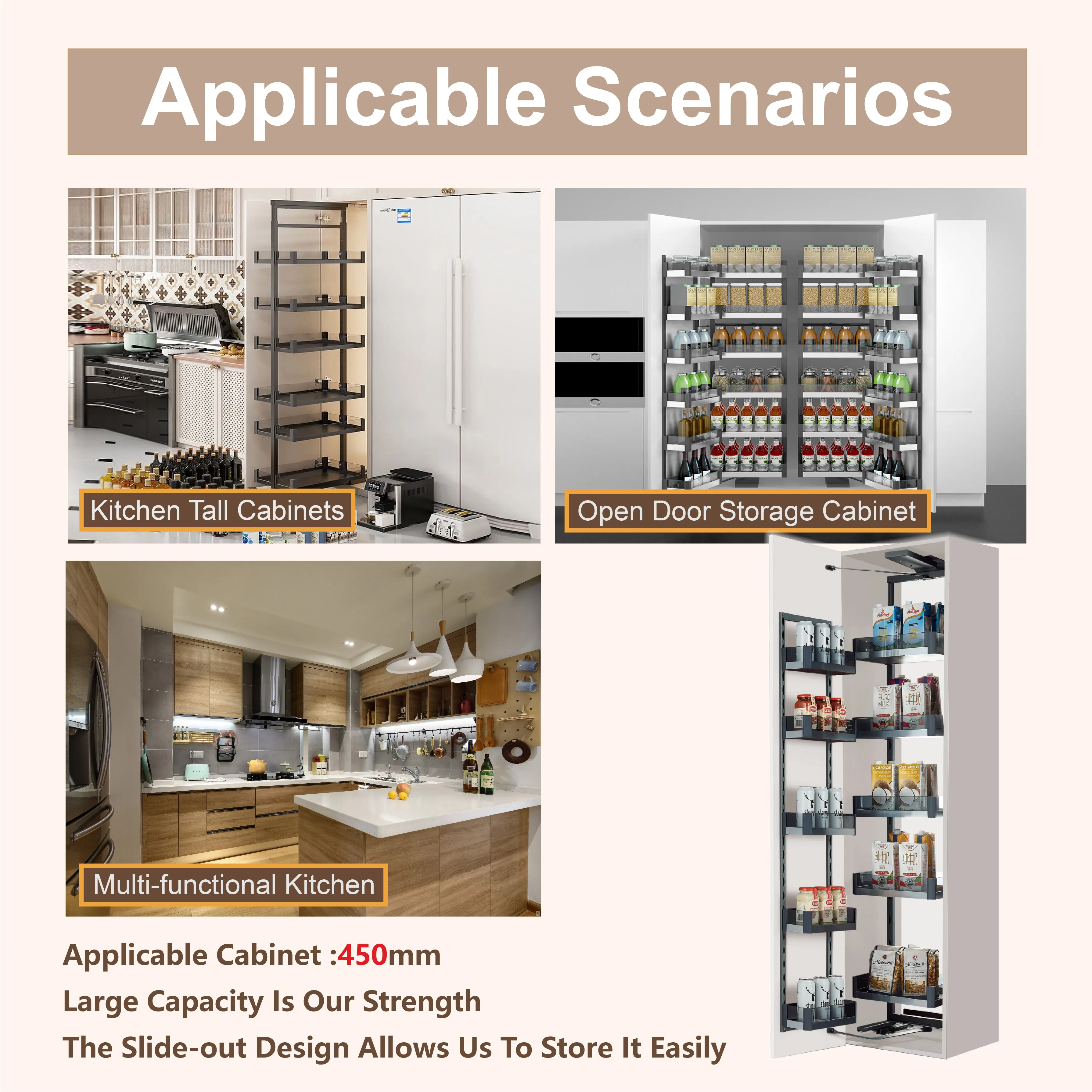 Tall Kitchen Cabinet Pull Out Basket for Food Storage Fixed with Adhesive Non Slip Mat 5 Layers Rack Glass Kitchen Pantry Unit