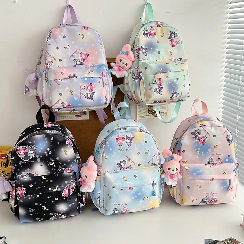 Kawaii Kuromi Bookbags Melody School Bags Cinnamoroll Starry Sky Nylon Full Print Girl Backpacks