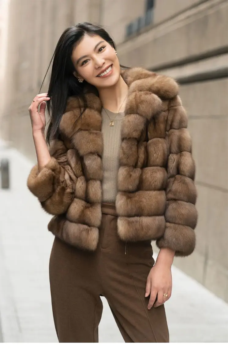Luxury Smooth Classic Primary Color Real Sable Lapel Fur Coat Winter Long Sleeve Fur Jacket For Women