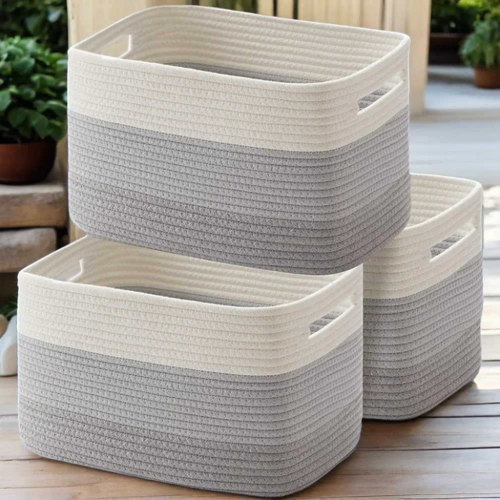 Woven Cotton Rope Storage Baskets for Toys Clothes Organizer Clothing Storage Made of Fabric Cloth High Quality Pack of 3 Morden