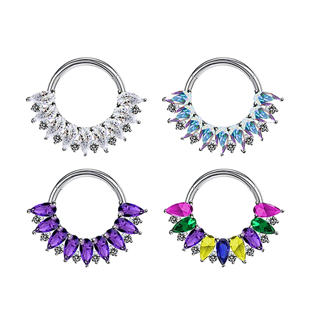 Calendo New  ASTM  F136 Titanium  Teardrop CZ Cluster  Hinged Segment Clicker  Septum Ring  Piercing  Earring