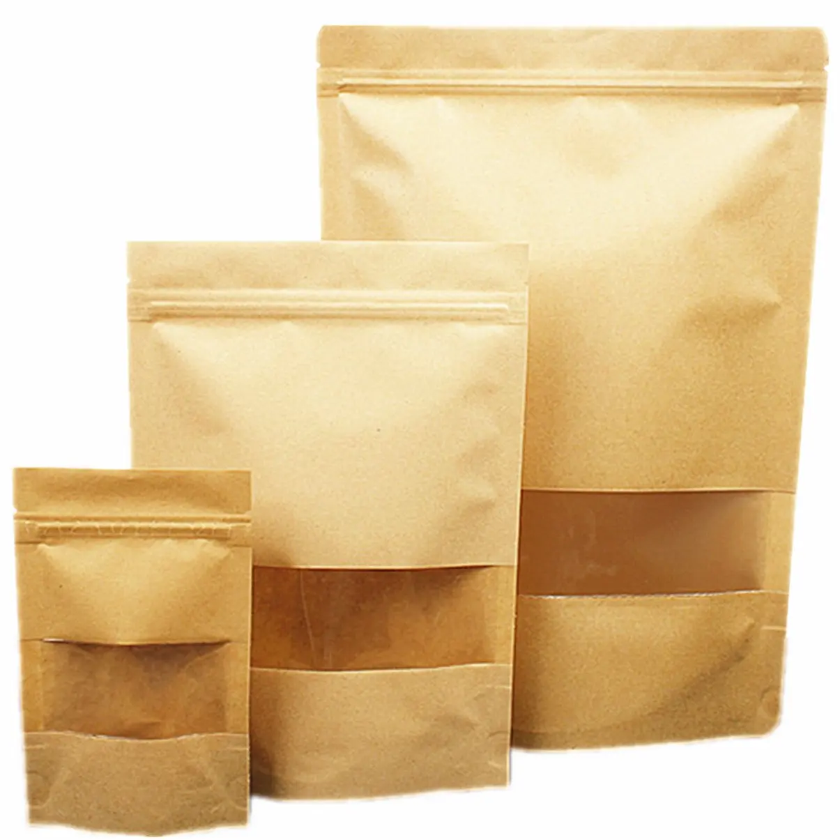Custom Printed Food Grade Zip Lock Craft Tea Snack Packaging Brown Kraft Paper Bags With Your Own Logo Windows