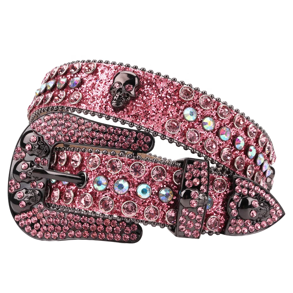 Tengmei Womens Pink rhinestone Belt Western Custom Logo Sparkly Shiny Diamond Skull Belt Jean Crystal Strap Manufacturers