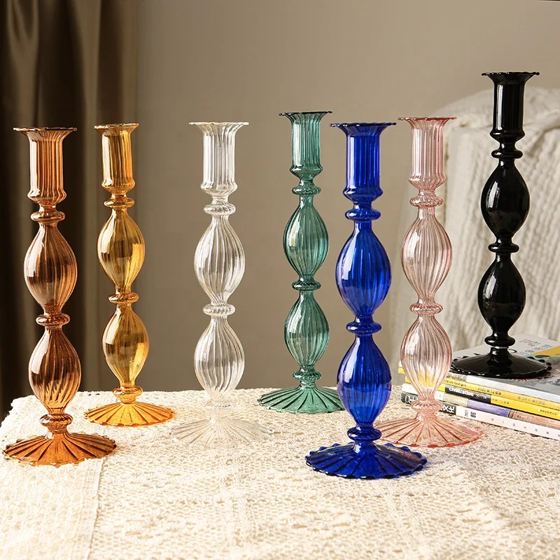 European-style Glass Candlestick Vase Luxury Crafts Table Glass Ornaments Candlestick Holder Retro Glass Candlestick Holder