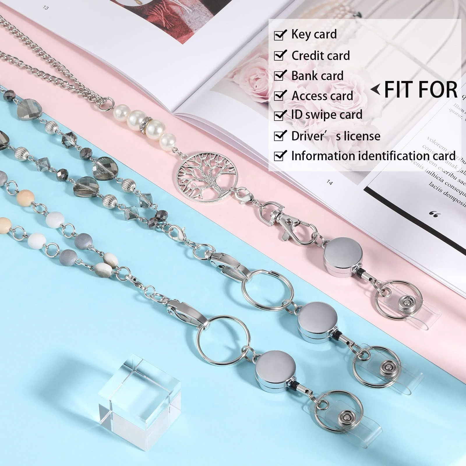 Fashion ID Badge Lanyard Necklace Beaded Chain Retractable Badge Reel Holder For Men Women