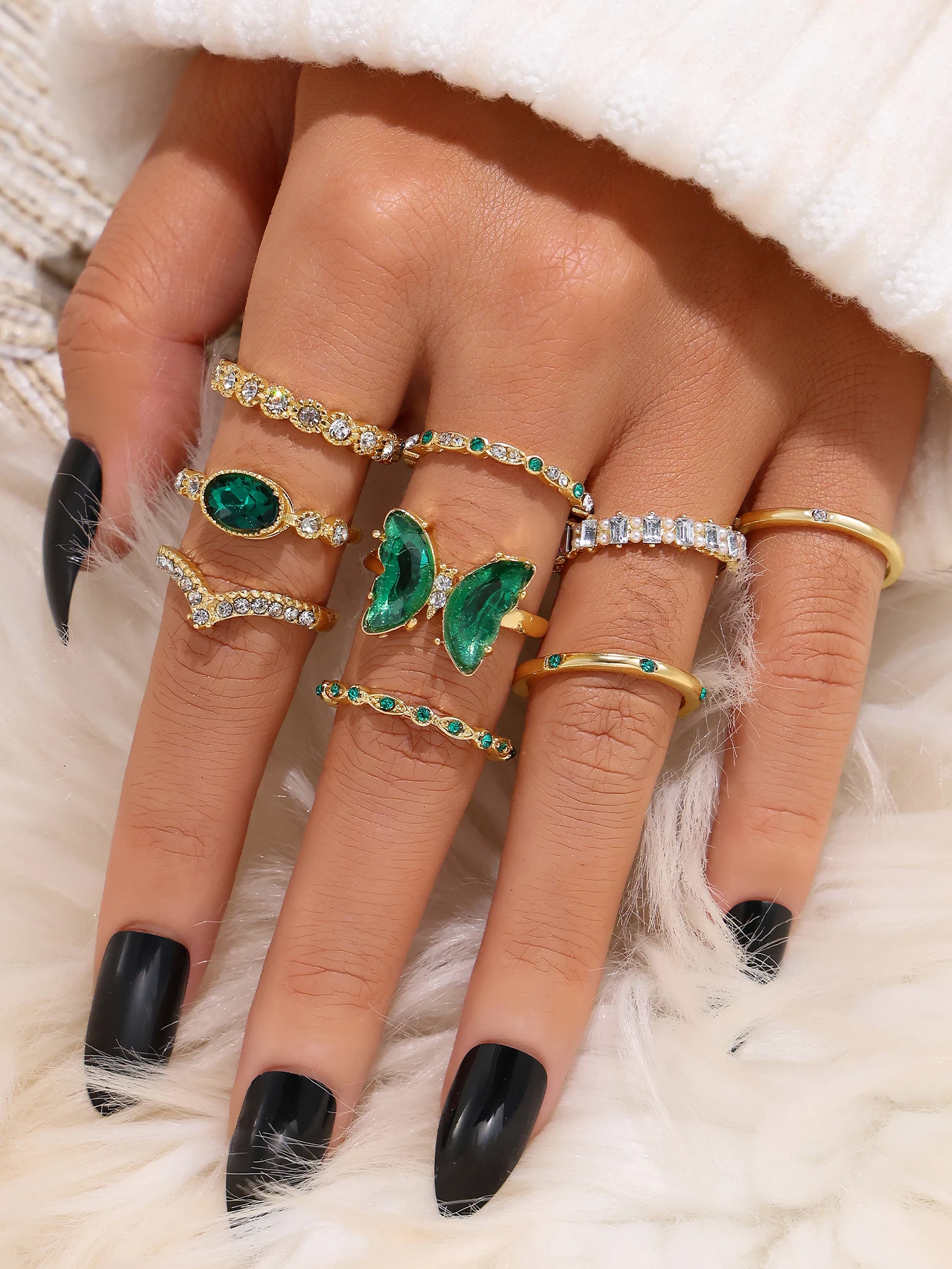 Wholesale New fashion green Stone butterfly snake Gold ring set for women Jewelry Heart Diamond Finger knuckle rings Set