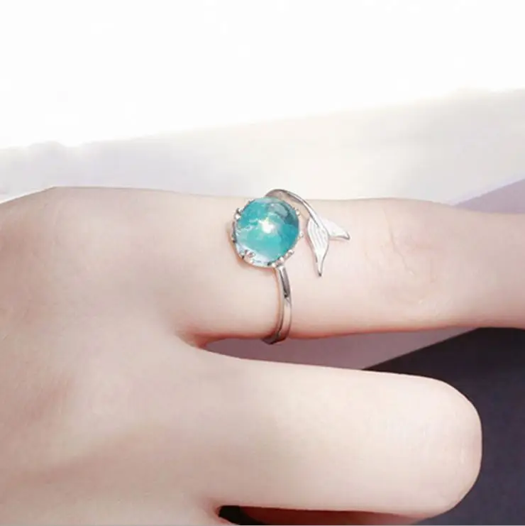 Wholesale Silver Color Mermaid Tail Ring With Blue Stone Boho Rings for Women