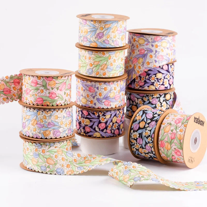 Tulip Pattern Wavy Edge Ribbon Double Face Printed Polyester Ribbon for Diy Gift Wrap