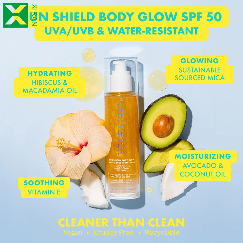 Private Label Liquid Waterproof Face Body Glow Oil with SPF 50 Broad Spectrum Sunscreen