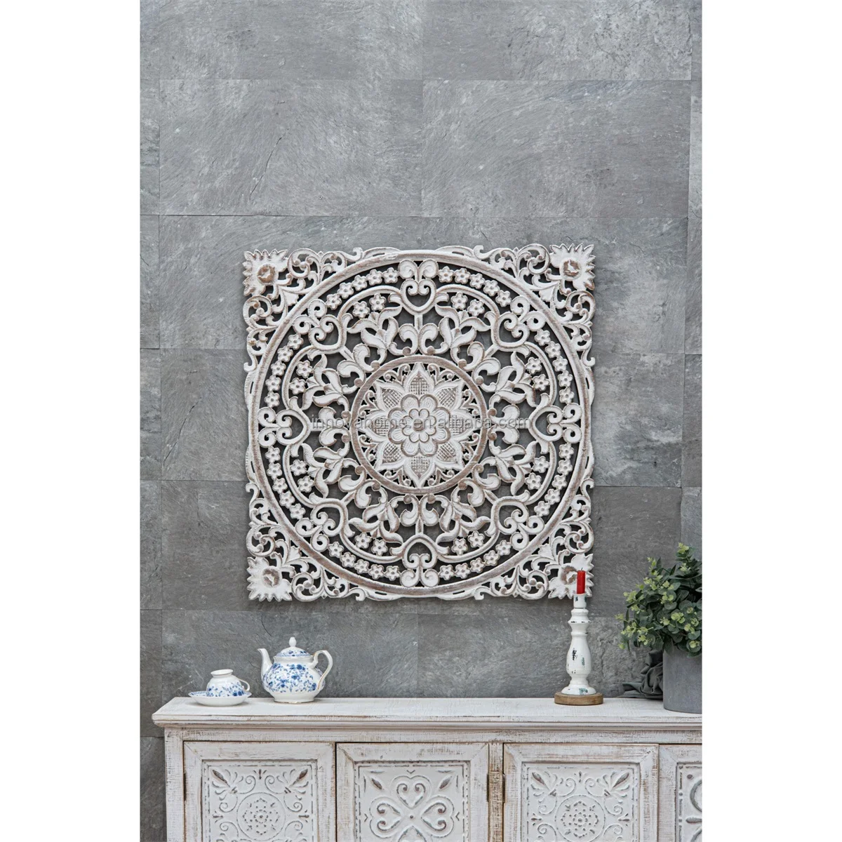 Home Wall Decoration Hanging Square Floral-Patterned MDF Carved Grid Wall Panel 3d in Grey Distressed for Bedroom