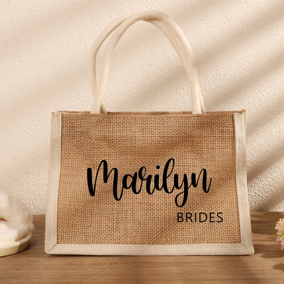 custom logo eco friendly Personalized Burlap Custom Tote Bag Bridesmaid jute Bag Wedding Favors Party Gift jute beach bag