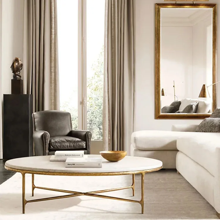 Luxury living room furniture solid forgging iron cross legs white marble top rectangle hotel home center round coffee table