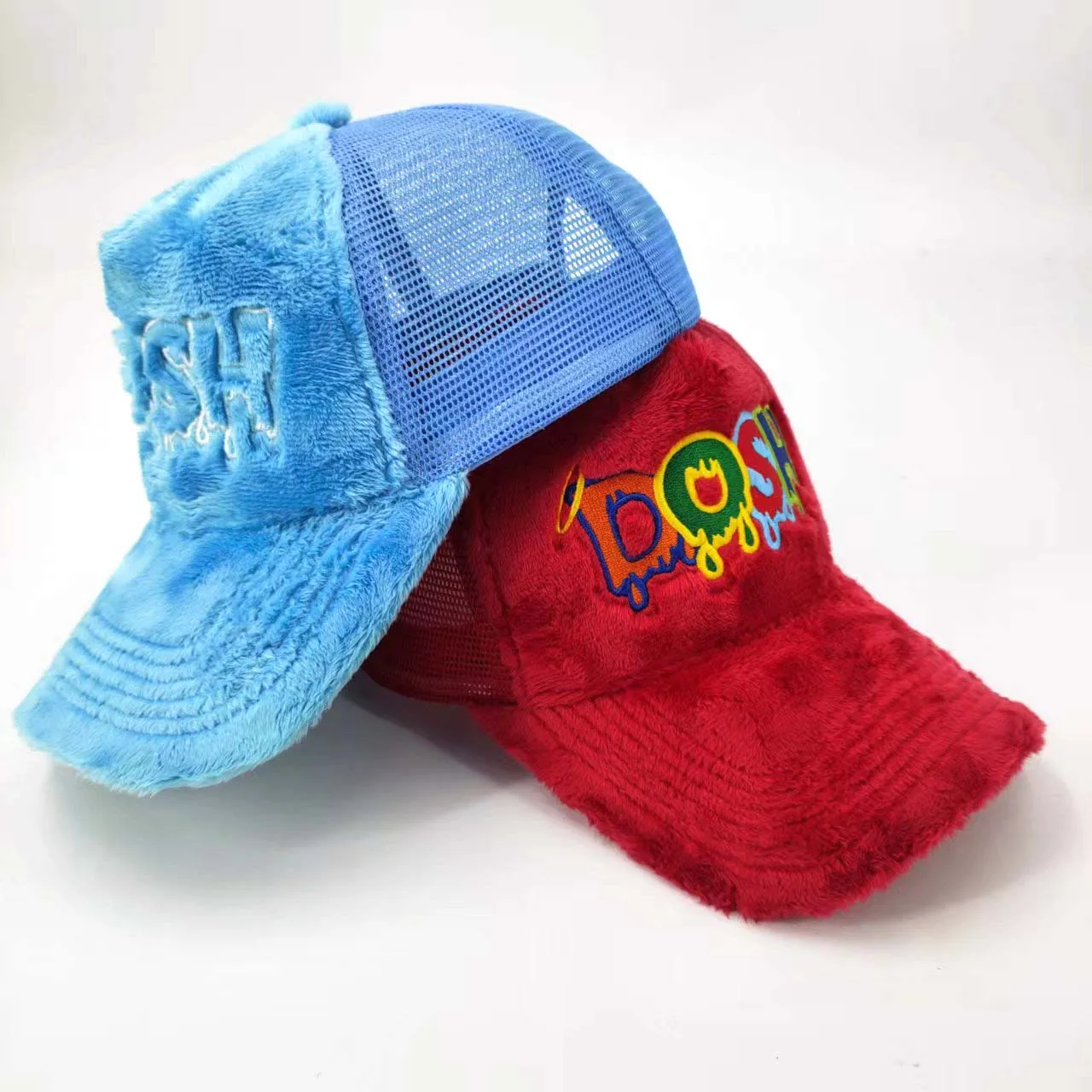 Fluffy Velvet Fuzzy Trucker Caps High Quality Custom Fur Velvet 3D Embroidery Logos Personalized 5-Panel Mesh Trucker Caps
