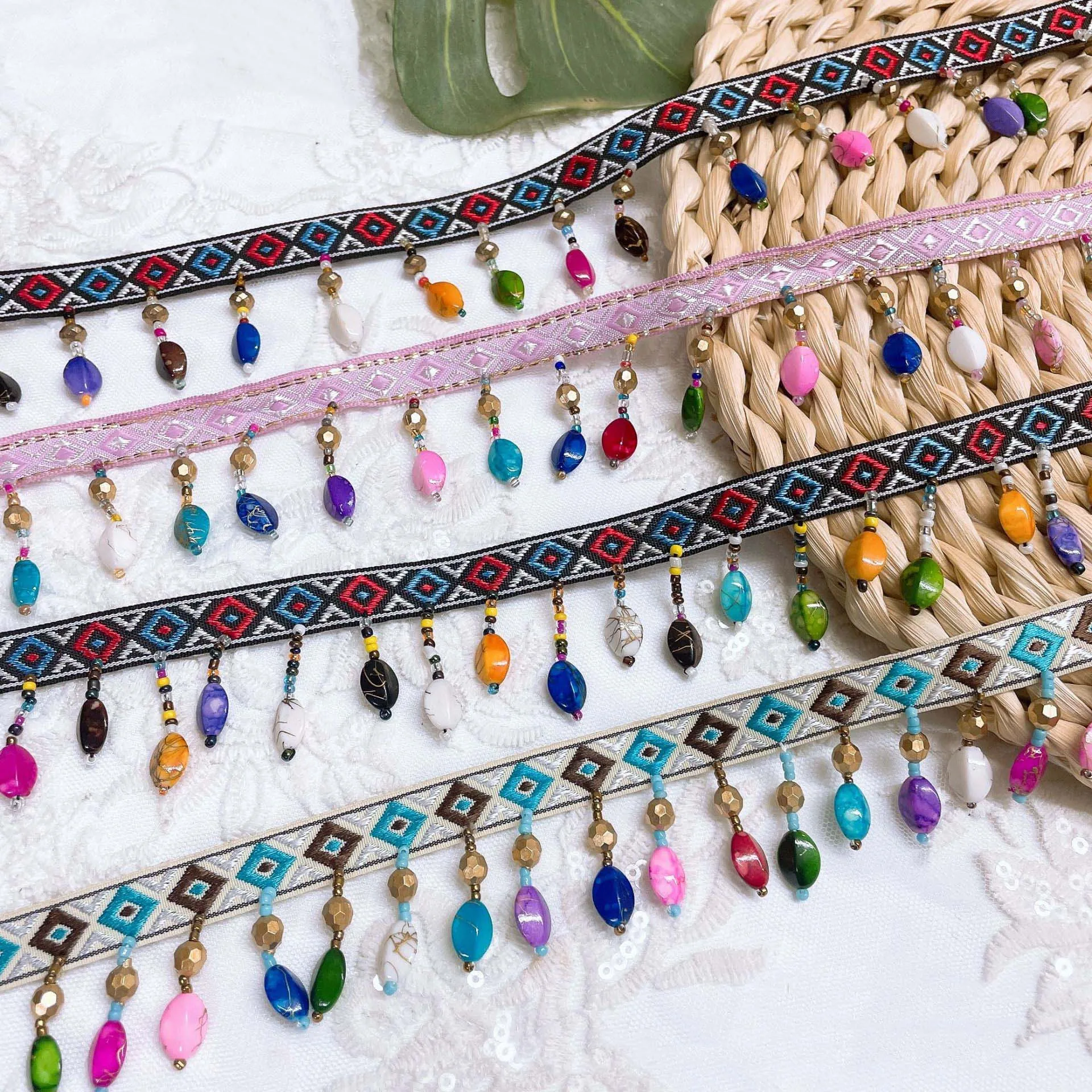 diy sewing clothes accessories ethnic lace webbing beaded tassel fringe jacquard geometric ribbon curtain creative textile trim
