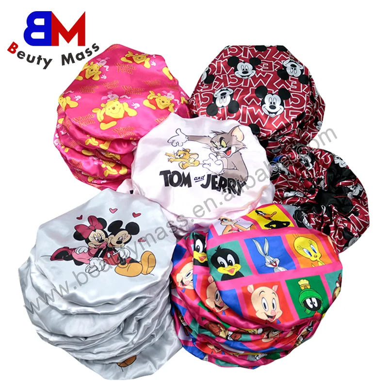 Custom Logo Toddler Infant Satin Hair Bonnets Double Layered Reversible Kids Cartoon Character Satin Bonnet For Night Sleep Cap
