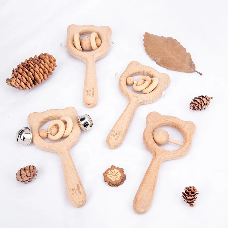 
Beech Wood Montessori Styled Baby Rattles Bear Rattle Set Natural Wooden Teethers for kids gift 