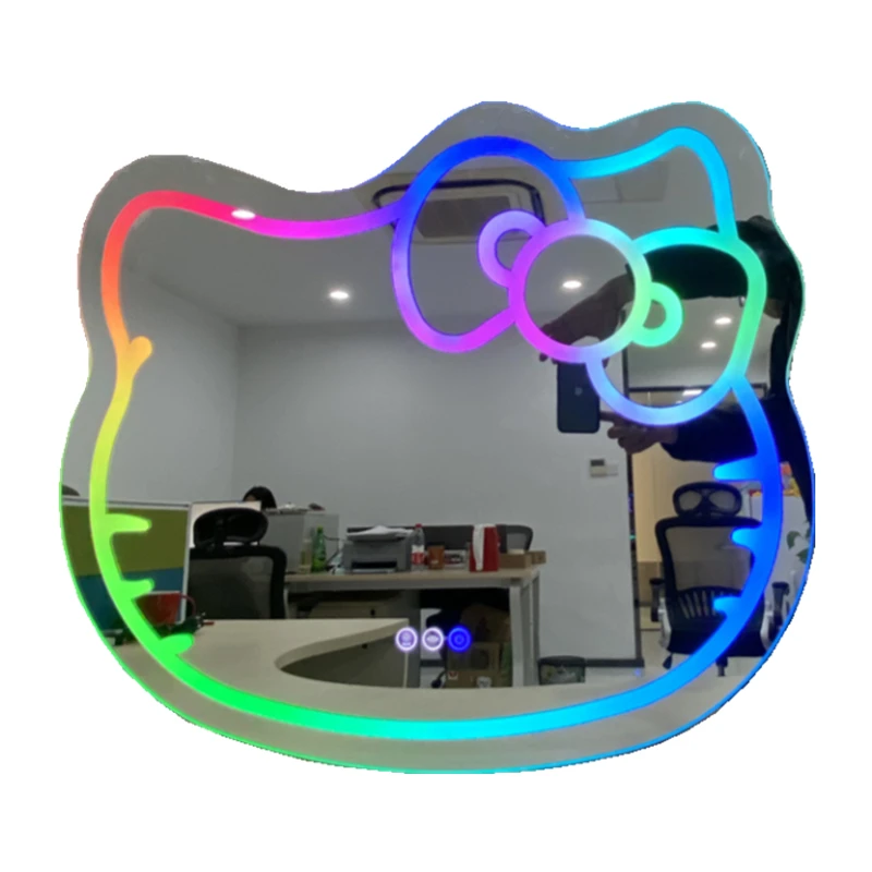 Modern Hello Kitty RGB LED Touch Dimmer Glass Vanity Mirror Cute Kitty Illuminated Wall Hanging Makeup Mirror for Home Use