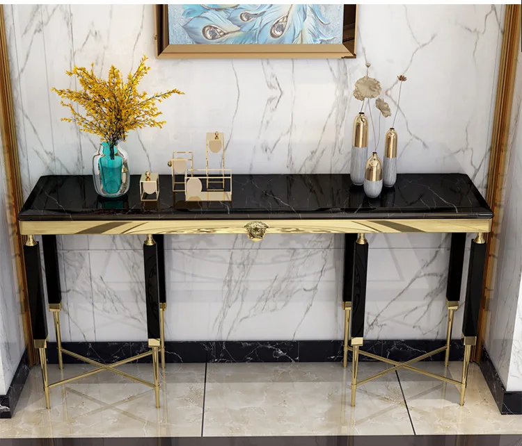 Modern luxury furniture Italian New Design Luxury Gold Stainless Steel Entrance Console Black Glass Hallway Tv Console Tables