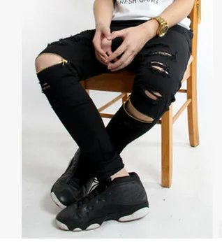 
Wholesale Biker Jeans Trousers Man Black Ripped Destroy Wash Jeans Stretch Streetwear Zipper Spliced Men Distressed Jeans 