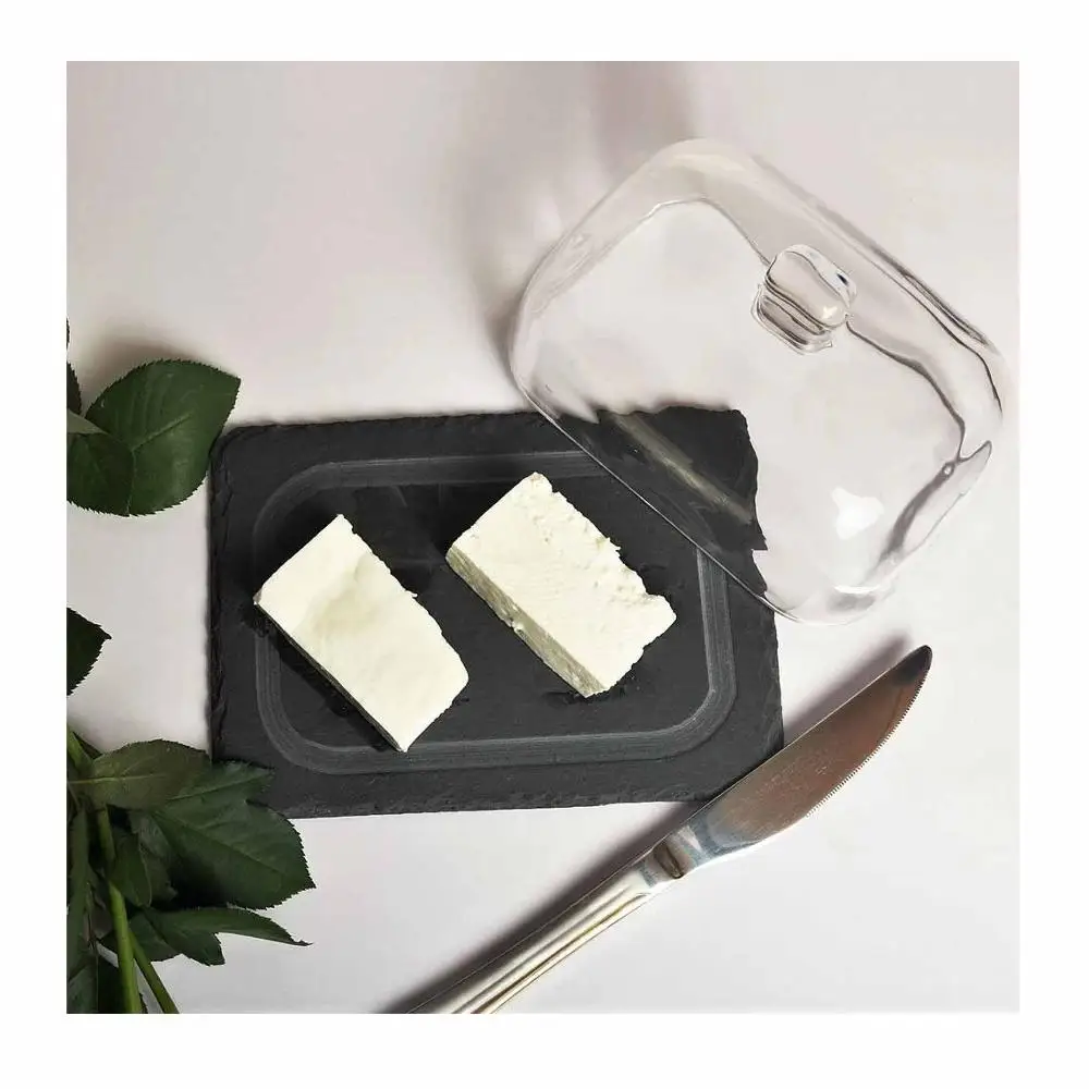 
Luxury Premium Dessert Serving Small Vintage Glass And Slate Butter Dish With Lid 