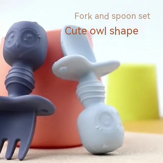 Silicone Baby Owl Training Fork and Spoon Set with Short Handle Kids Dining Fork and Spoon for Learning to Eat
