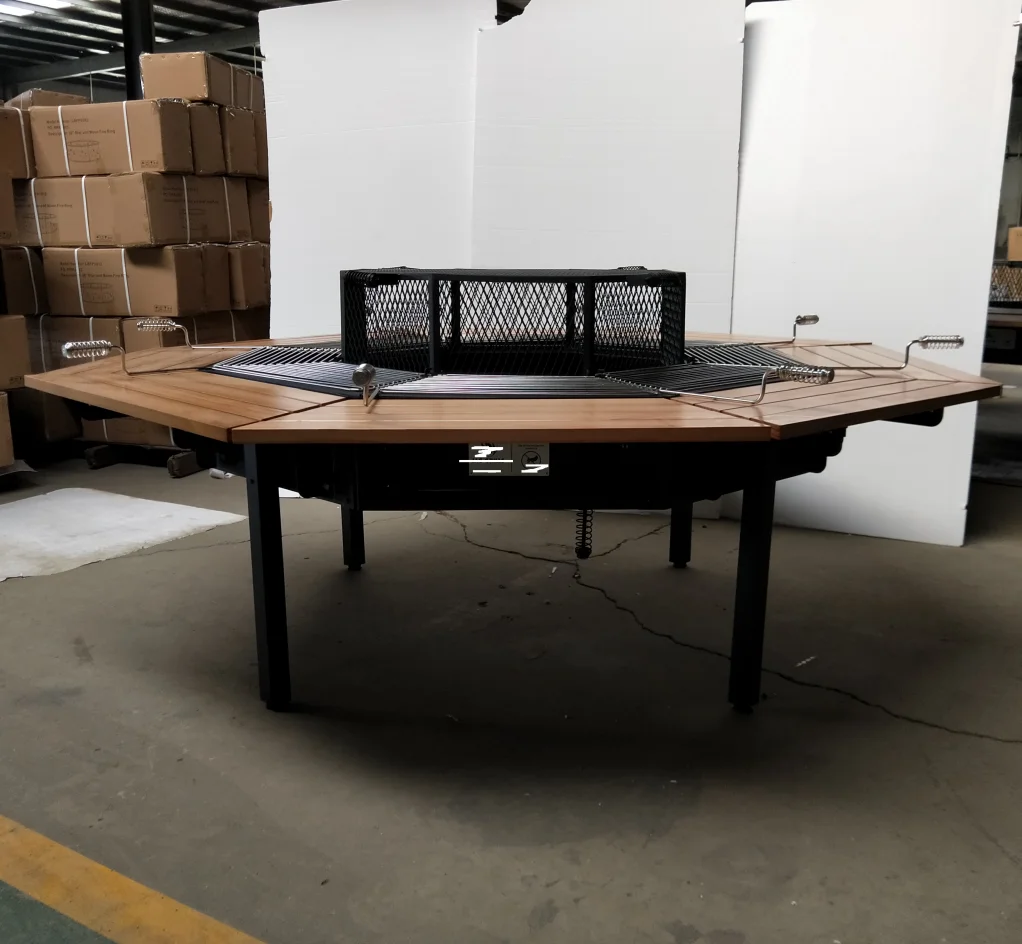 Outdoor 8 seat wooden fire pit table with BBQ grill