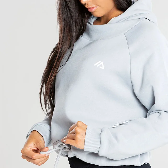 New Style Lower Back Mesh Grey Drawstring Hem Hoodie Yoga Sport Pullover For Women