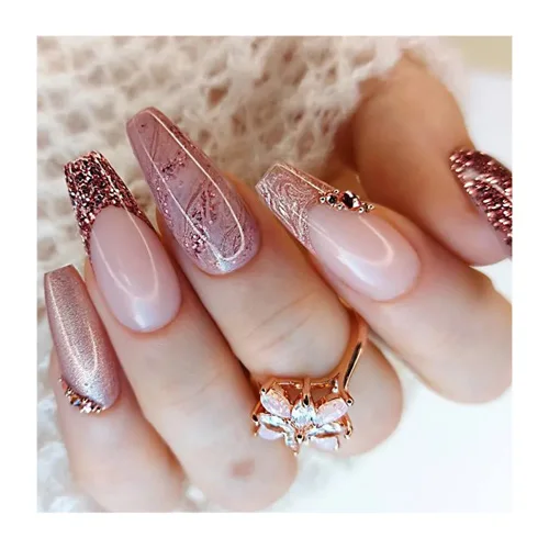 Luxury Gorgeous Series Long Coffin False Nails Oem Factory Tinsel Pink Glitter Diamonds French Tip Custom Press On Nails