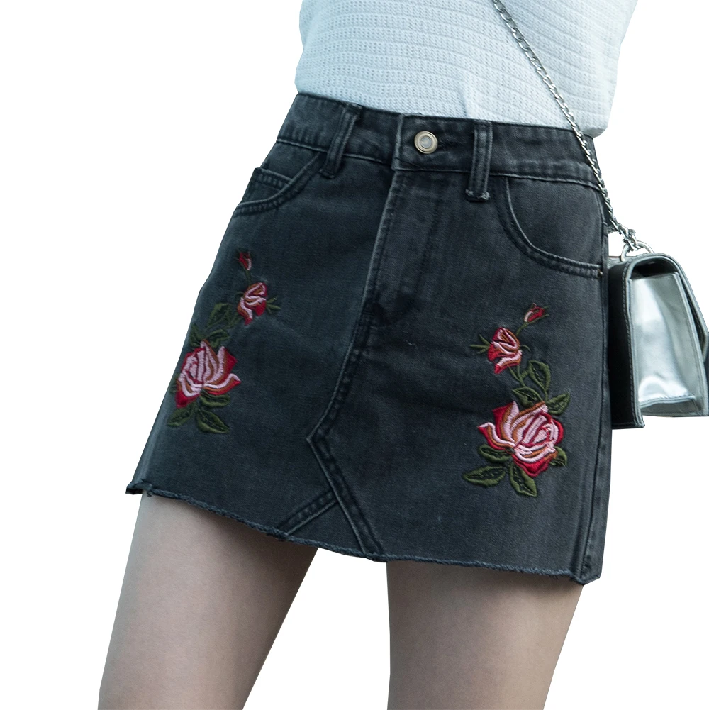 sexy skinny women embroidered denim mini skirt   black classic Floral Embroidered Jeans A Line Skirt