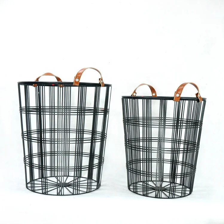 IVYDECO Home Decoration Set 2  Metal Wire Laundry clothes Basket with Leather Hand