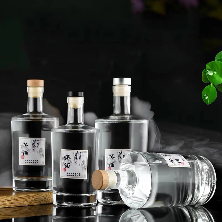 100ml 375ml 500ml 750ml transparent round empty flint glass liquor wine whisky vodka tequila bottle with sealed cork