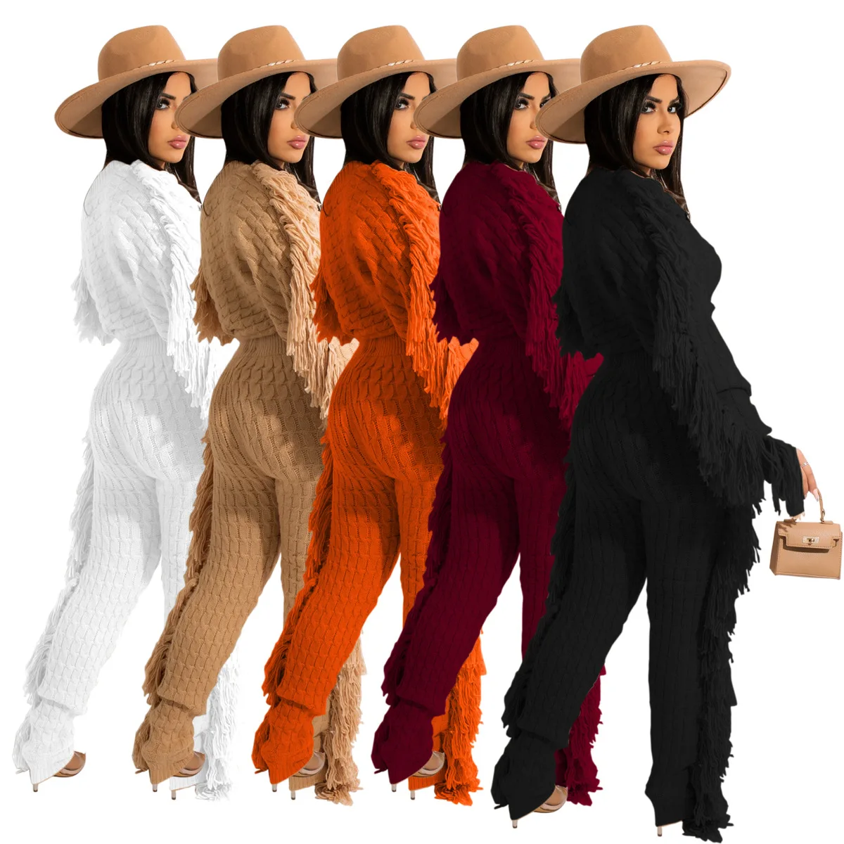 2022 New Arrivals Fashion Women Casual Long Sleeve Crop Slim Pants 2 Piece Set Side Tassel Knitted Suit