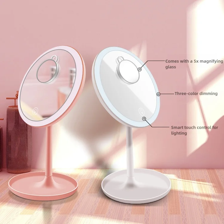 Portable round Desktop Makeup Vanity Mirror with LED Three-Color Lighting and Storage Tray Single Side Box Packing
