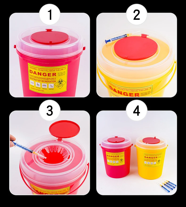 Rotating Lid Design 8litre Transparent Touchless Biohazard Needle and Syringe Disposal Medical Sharps Container With Handle