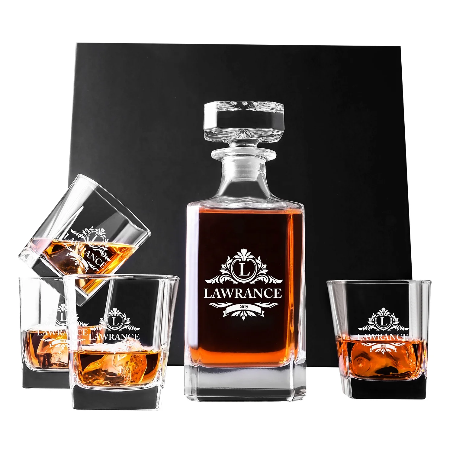 Old Fashioned Design Personalized Custom gift box luxury Set of 5 Whiskey Wine Glass Decanter