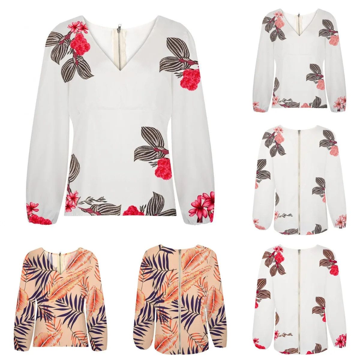 T-Shirt Sexy Crop Top spring Elegant Long Sleeve V Neck Ruffle Chiffon Trim Floral Print Shirt Tops Clothing For Women