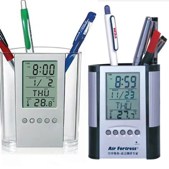 pen holder with clock Multi-Functional Desktop Calendar Temperature Alarm Clock Pen Holder