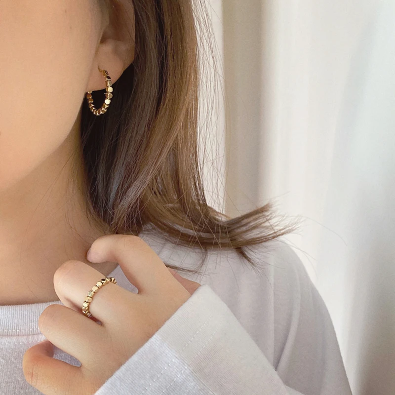 E0100  20mm Gold Color Cubes Beaded Earring Brass Round Geometric Earrings for Women Circle Minimalist Hoop Earrings 2020