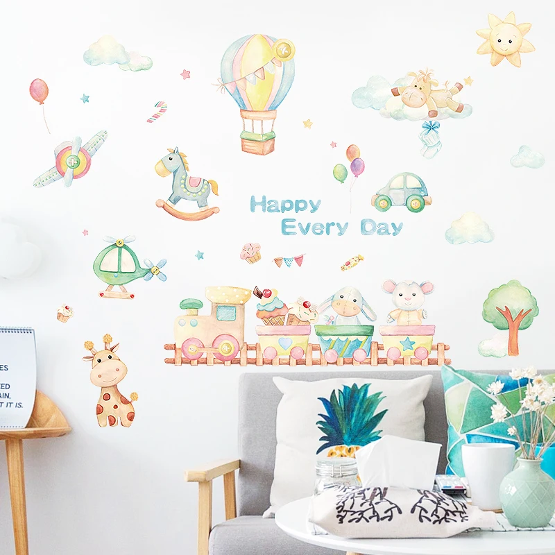 Happy Every Day cartoon animal little train wall decals for baby room decoration