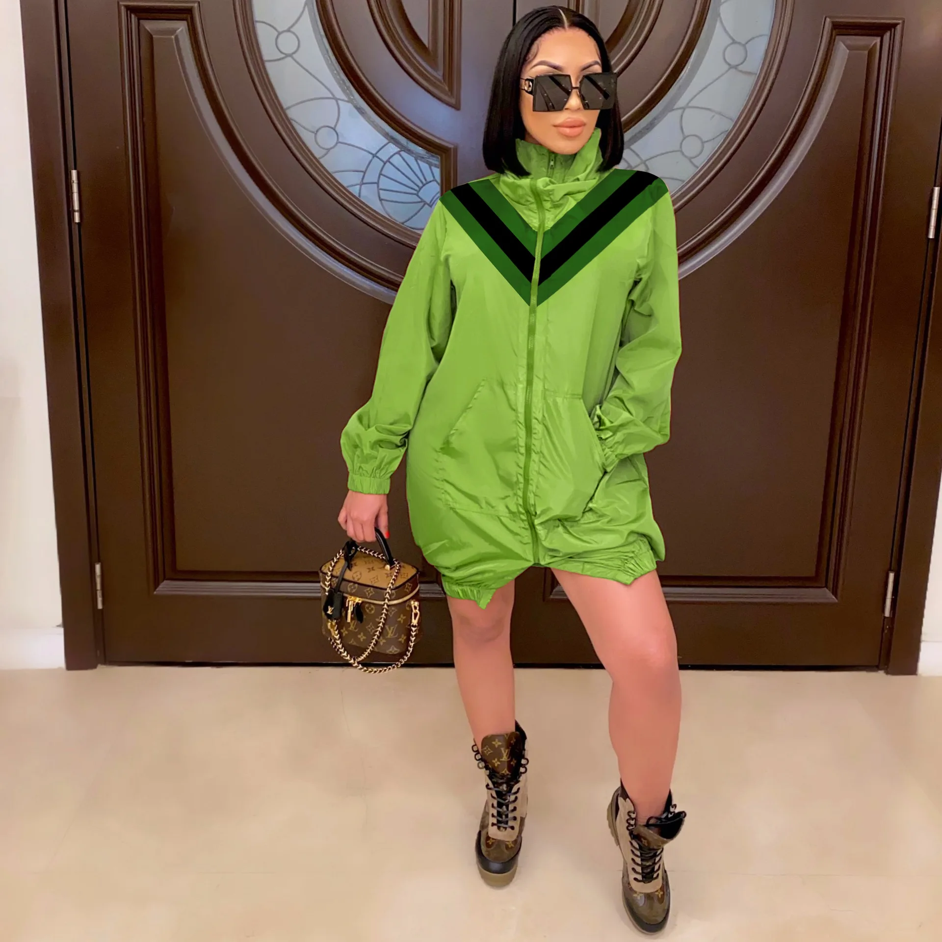 XLL Осенняя Длинная зимняя Полиэстеровая ветровка с длинным рукавом, с принтом спереди, длинное пальто для женщин, повседневная куртка на молнии с разрезом