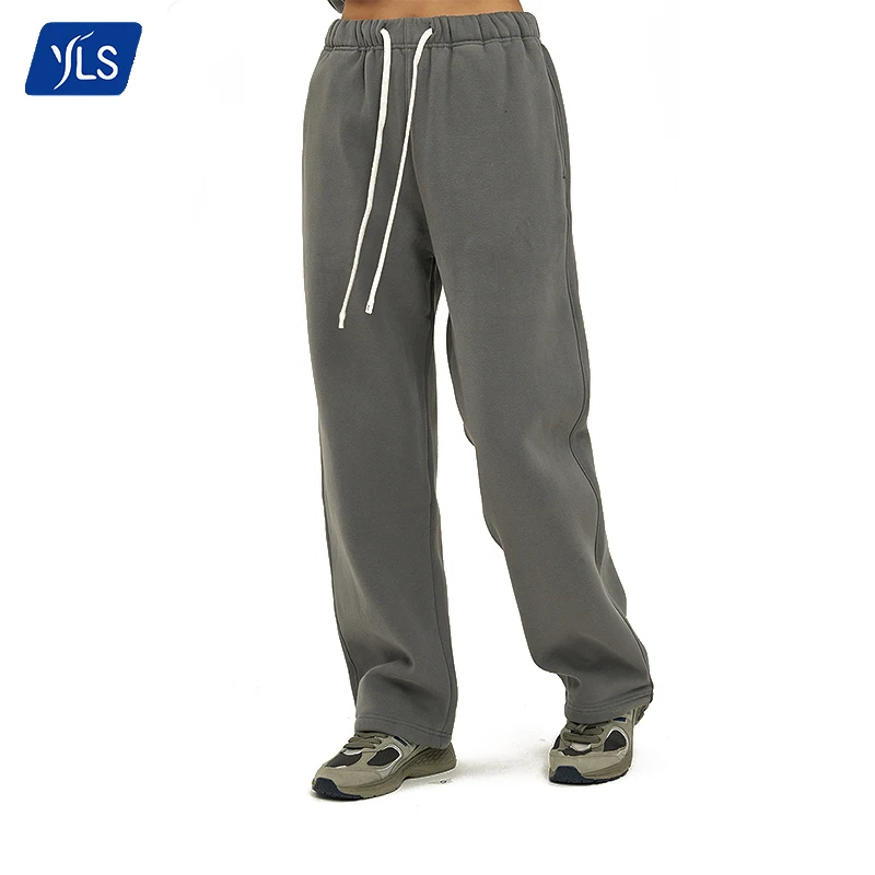 YLS Custom Winter Thick Fleece Cotton 350gsm Blank Streetwear Jogger Pants Raw Edge Open Bottom Straight Leg Sweatpants Mens