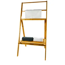 Folding Bamboo Clothes Drying Racks Organizer Free Standing Towel Rack with 3 Hanging Rods Storage Shelf Home Use