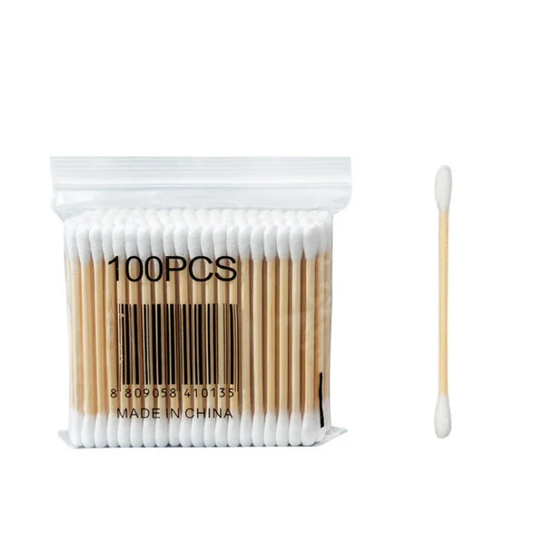 Cotton Swab Buds Wood Cotton Buds Wooden Stick Double Round Cotton Buds Comfortable Soft for Daily Cleaning 100 PCS Each Bag