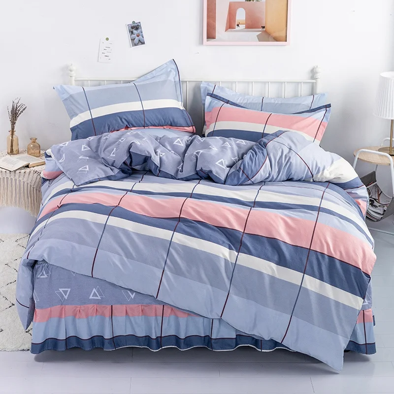 4pcs quilted quilt pure 100% cotton fitted bedsheet bed skirt duvet cover bedding set 100 cotton
