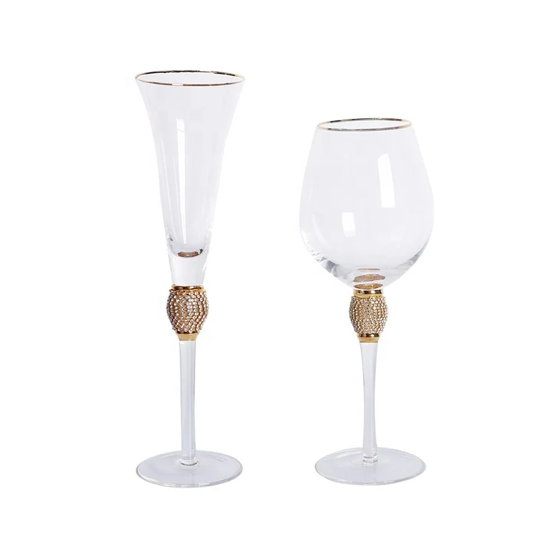 New Arrivals Hot Sale in Stock Elegant Sparkling studded Long Stem Crystal glassware Set with Gold Rim and Dazzling Rhinestone