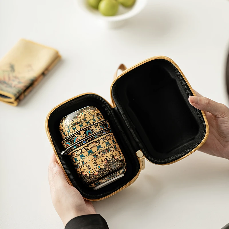 Retro Ceramic Thangka Travel Tea Set Portable Quick Cup Filter with Pot and Four Cups for Car Outdoors