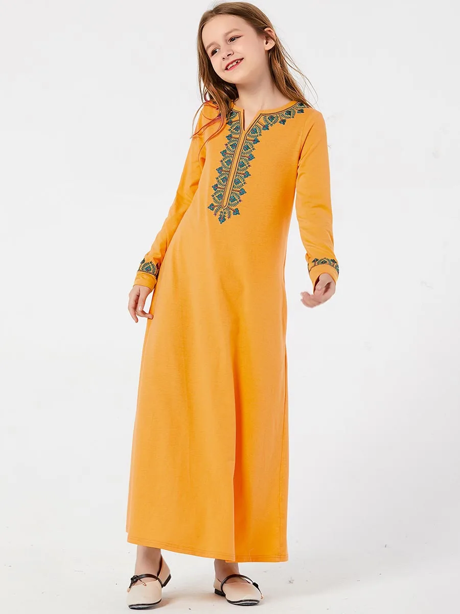 Dubai A-line Kaftan Yellow Girls Dress Spring Kids Moroccan Abaya Children Muslim Dresses